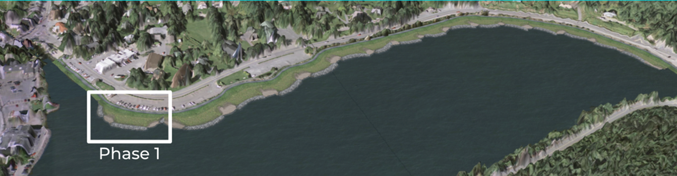 Aerial image of Mahone Bay Harbour. A white box is drawn around the section of shoreline across from St James Anglican Church with the words Phase 1 below. 