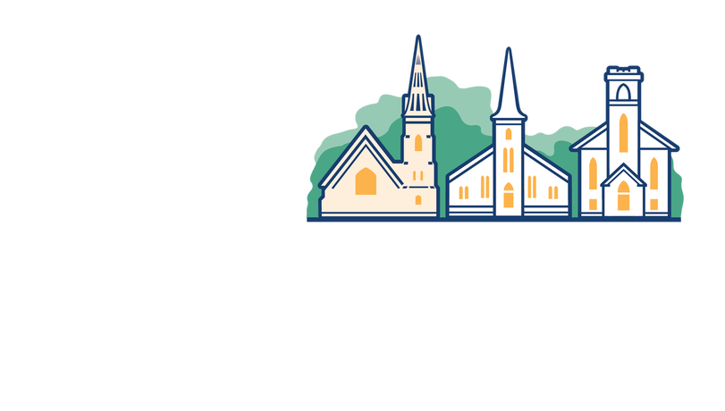 Town of Mahone Bay Logo featuring the words Mahone Bay in cursive lettering and three diamond shapes in green blue and gold over the word Bay