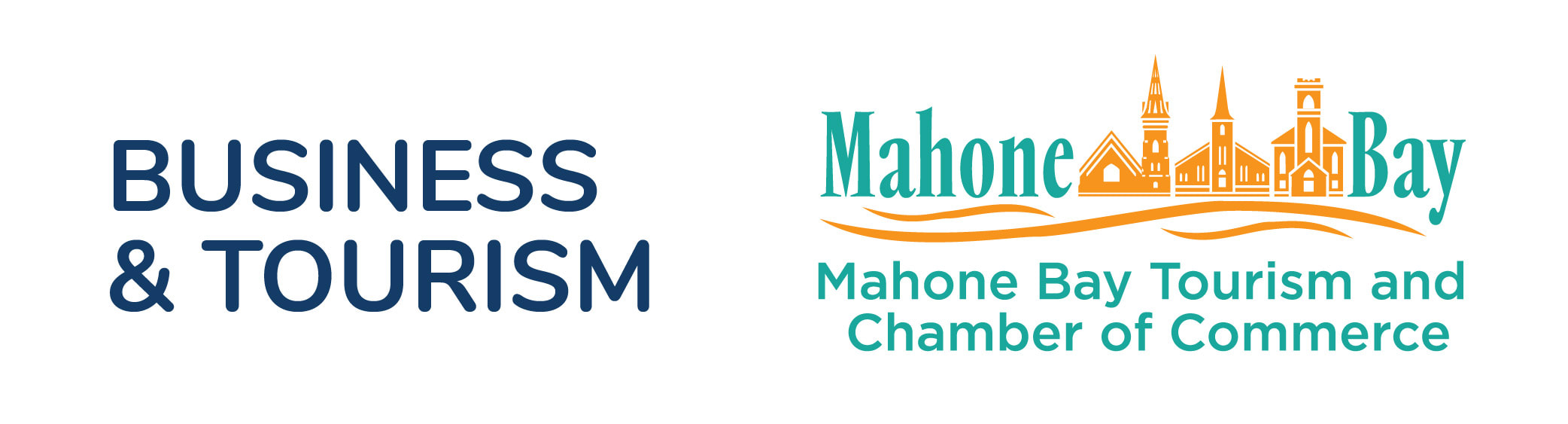 A button with the words Business and Tourism on the left. The Mahone Bay Tourism and Chamber of Commerce logo in on the right featuring the words Mahone Bay with an image of the three churches between the words Mahone and Bay. The words Mahone Bay are turquoise and the chruches are orange. 