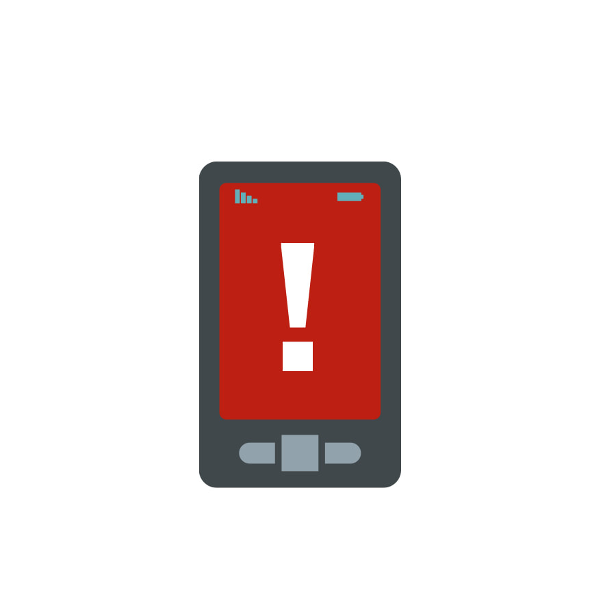 Image of a cellphone, the screen is red and there is a white exclamation point in the middle. 