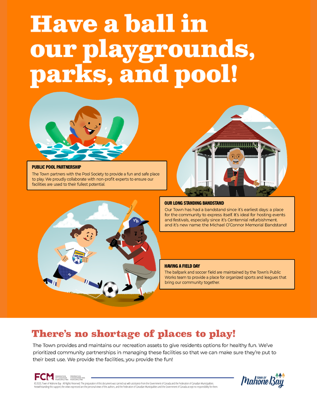 Image of poster with the words Have a ball in our playgrounds, parks and pool!. Click on the image to be taken to a pdf version of the poster. 